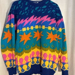 Rare vintage colorful 80s 90s 100% wool Irish thick warm sweater